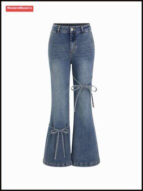 Women's Bow Wide Leg Flare Jeans Mid Rise Stretchy Denim Pockets Y2K